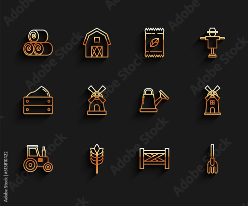 Set line Tractor, Cereals with rice, wheat, corn, oats, rye, Roll of hay, Garden fence wooden, rake, Windmill, and Watering can icon. Vector