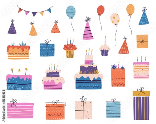 set of birthday elements cakes, cupcakes, gift boxes, garland, balloons, hats in scandinavian style