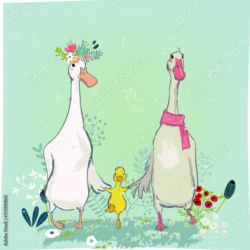 cute goose couple with a child