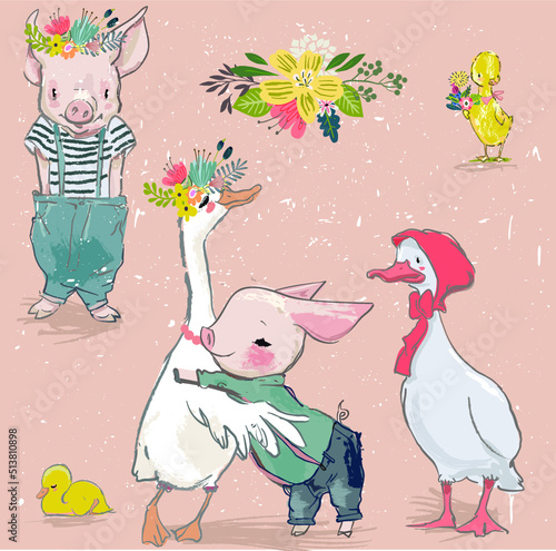 Set with cute pig and goose