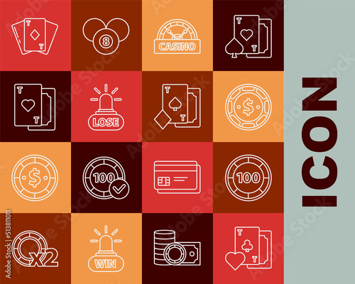Set line Playing card with clubs symbol, Casino chips, dollar, signboard, losing, heart, diamonds and spades icon. Vector