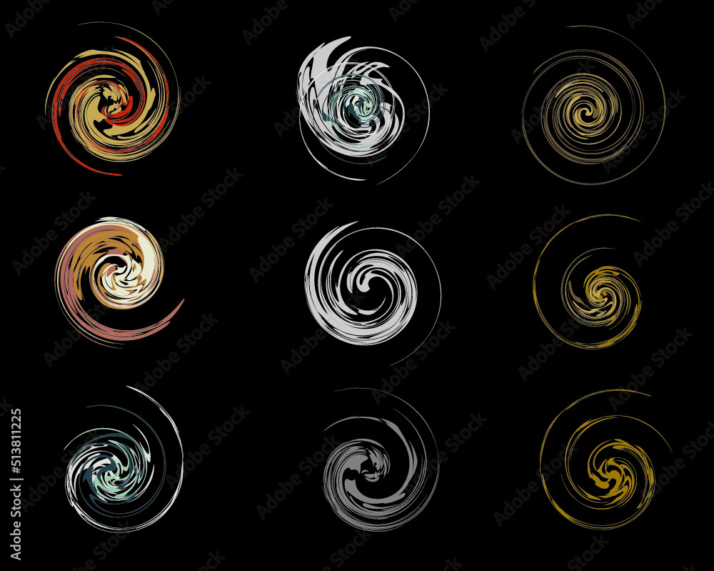 Creative spiral elements in golden-gray tones on a black backdrop. Vortex shapes for prints on T-shirts, fabric products, textiles, fashion trends, covers, web icons, logos, interior solutions, etc. Creative spiral elements in golden-gray tones on a black backdrop. Vortex shapes for prints on T-shirts, fabric products, textiles, fashion trends, covers, web icons, logos, interior solutions, etc.