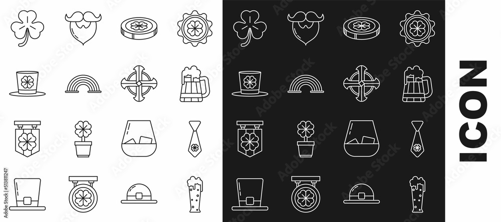 Set line Glass of beer, Tie with four leaf clover, Wooden mug, Gold coin, Rainbow, Leprechaun hat and, Four and Celtic cross icon. Vector Set line Glass of beer, Tie with four leaf clover, Wooden mug, Gold coin, Rainbow, Leprechaun hat and, Four and Celtic cross icon. Vector