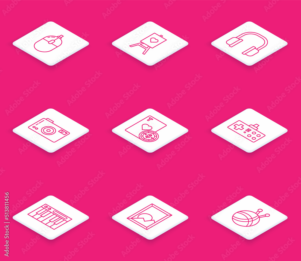 Set line Computer mouse, Wood easel or painting art boards, Headphones, Photo camera, Casino chip and playing cards, Gamepad, Music synthesizer and Picture landscape icon. Vector Set line Computer mouse, Wood easel or painting art boards, Headphones, Photo camera, Casino chip and playing cards, Gamepad, Music synthesizer and Picture landscape icon. Vector