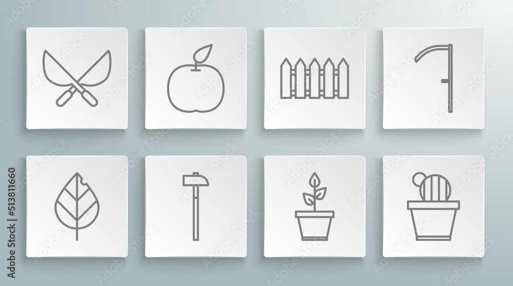 Set line Leaf, Apple, Hammer, Plant in pot, Cactus and succulent, Garden fence wooden, Scythe and Gardening handmade scissors icon. Vector Set line Leaf, Apple, Hammer, Plant in pot, Cactus and succulent, Garden fence wooden, Scythe and Gardening handmade scissors icon. Vector