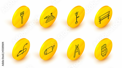 Set line Garden gloves, Gardening handmade scissors, Watering can, Lawn mower, Bench, Grass weed electric string trimmer, hose fire hose and rake icon. Vector