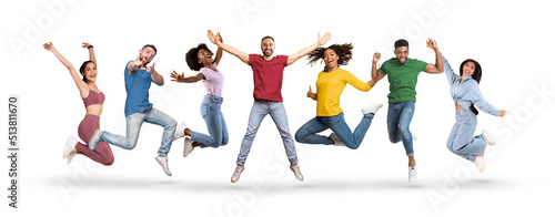 Group Of Cheerful Young Multicultural People Jumping Over White Background