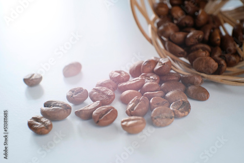 Coffee beans close up. Atmospheric beautiful blurry photo. Concept design for a coffee shop.  photo