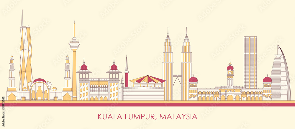 Fototapeta premium Cartoon Skyline panorama of city of Kuala Lumpur, Malaysia - vector illustration