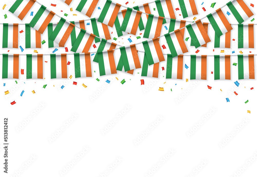 Ireland flag garland white background with confetti, Hang bunting for Irish independence Day celebration template banner, Vector illustration Ireland flag garland white background with confetti, Hang bunting for Irish independence Day celebration template banner, Vector illustration
