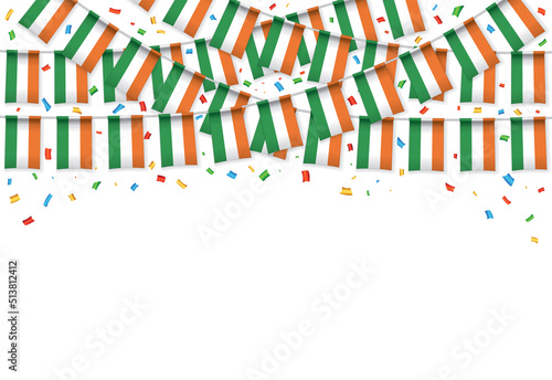 Ireland flag garland white background with confetti, Hang bunting for Irish independence Day celebration template banner, Vector illustration