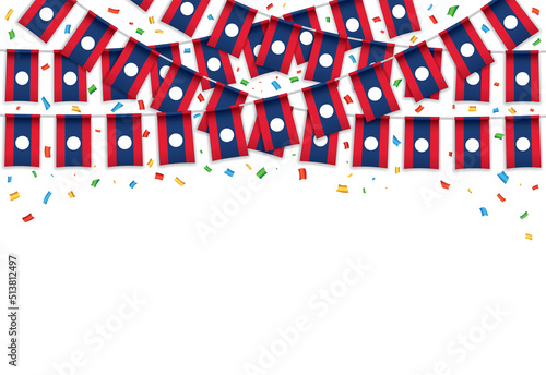 Laos flags garland white background with confetti, Hang bunting for National Day celebration template banner, Vector illustration