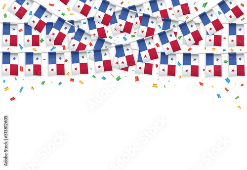 Panama flags garland white background with confetti, Hang bunting for Panamanian Independence Day celebration template banner, Vector illustration