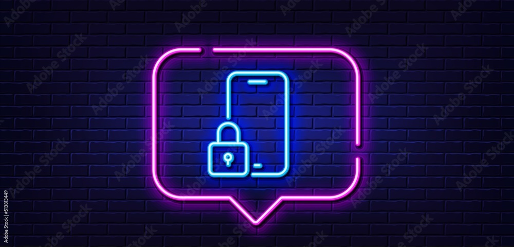 Neon light speech bubble. Lock line icon. Phone padlock sign. Security access symbol. Neon light background. Lock glow line. Brick wall banner. Vector Neon light speech bubble. Lock line icon. Phone padlock sign. Security access symbol. Neon light background. Lock glow line. Brick wall banner. Vector