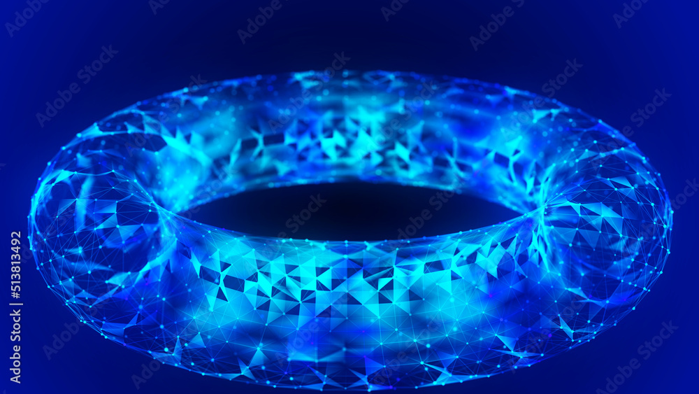 Abstract dynamic wireframe torus on a blue background. The flow of scientific data. Futuristic digital technology. 3D rendering.