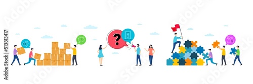 Work home, Door and Question mark minimal line icons. People characters with puzzle, delivery parcel. Cleaning liquids icons. For web, application, printing. Vector