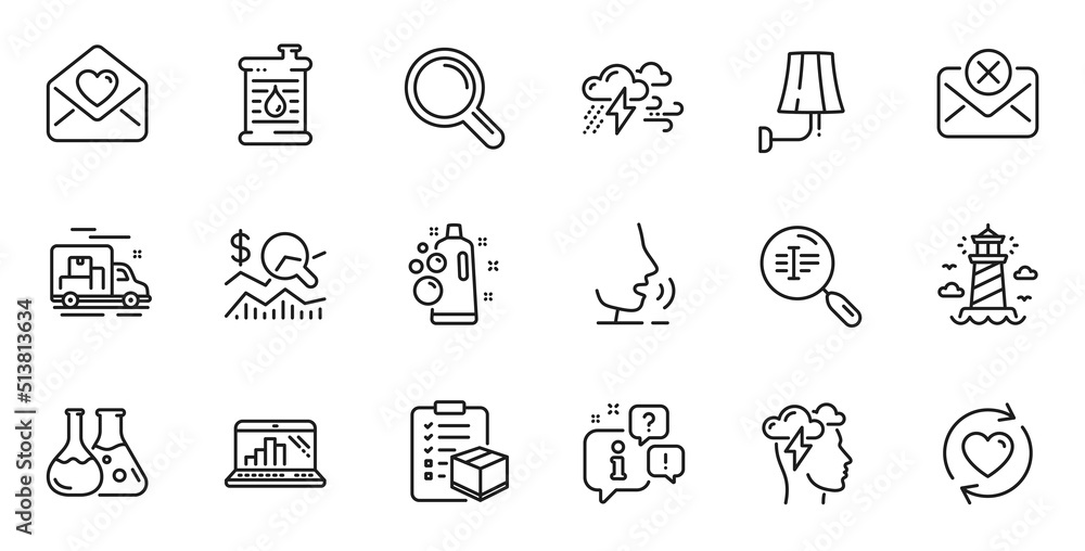 Fototapeta premium Outline set of Parcel checklist, Oil barrel and Search text line icons for web application. Talk, information, delivery truck outline icon. Vector