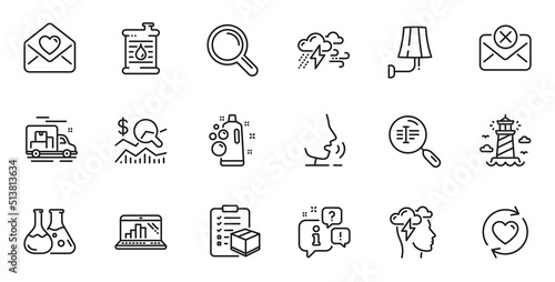 Outline set of Parcel checklist, Oil barrel and Search text line icons for web application. Talk, information, delivery truck outline icon. Vector