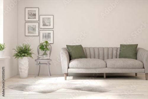 White living room with sofa. Scandinavian interior design. 3D illustration