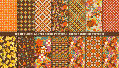 Set of colorful retro patterns. Vector trendy backgrounds in 70s style. Abstract modern geometric and floral ornaments, vintage backgrounds