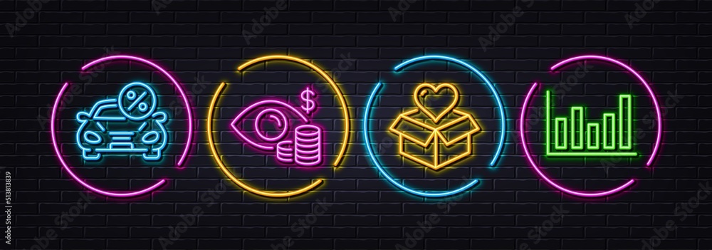Car leasing, Business vision and Donation minimal line icons. Neon laser 3d lights. Column chart icons. For web, application, printing. Transport discount, Marketing mission, Charity box. Vector