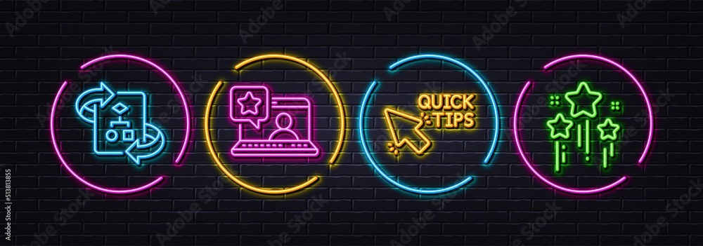 Technical algorithm, Online rating and Quick tips minimal line icons. Neon laser 3d lights. Stars icons. For web, application, printing. Project doc, Favorite message, Helpful tricks. Vector