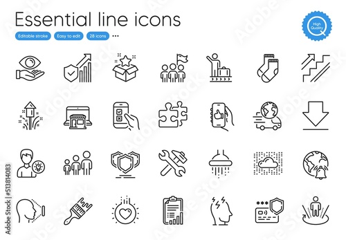 Mobile survey, Shower and Security statistics line icons. Collection of Loyalty program, Shields, Checklist icons. Luggage belt, Stress, Cloud system web elements. Brush, Fireworks, Stairs. Vector
