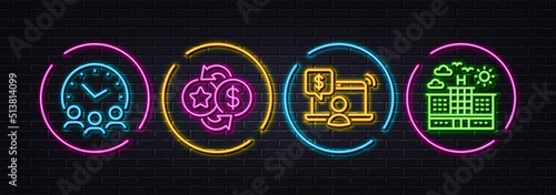 Meeting time, Loyalty points and Online shopping minimal line icons. Neon laser 3d lights. Hotel icons. For web, application, printing. Conference hours, Change dollar, Internet buying. Travel. Vector