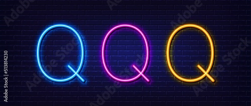 Initial letter Q icon. Neon light line effect. Line typography character sign. Large first font letter. Glowing neon light element. Letter Q glow 3d line. Brick wall banner. Vector