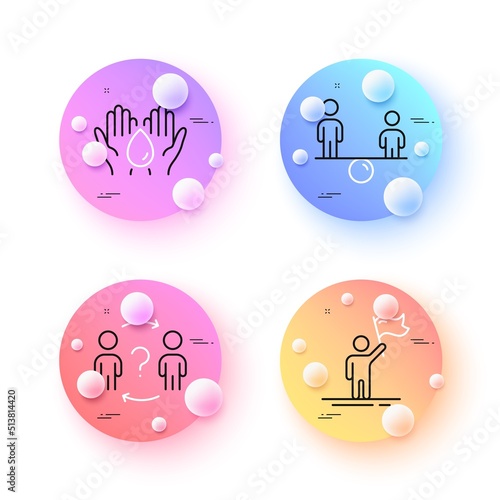 Safe water, Equity and Delegate question minimal line icons. 3d spheres or balls buttons. Leadership icons. For web, application, printing. Hold drop, Social equality, Search worker. Vector