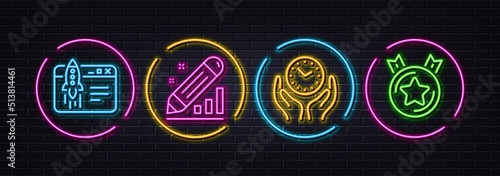 Start business, Edit statistics and Safe time minimal line icons. Neon laser 3d lights. Ranking star icons. For web, application, printing. Launch idea, Seo manage, Hold clock. Winner medal. Vector