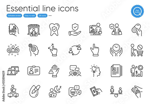 Cv documents, Outsource work and Recruitment line icons. Collection of Buyer insurance, Capsule pill, Work home icons. Pay money, Eye drops, User communication web elements. Thoughts. Vector