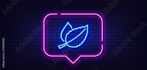 Neon light speech bubble. Mint leaves line icon. Herbal leaf sign. Tea with Mentha symbol. Neon light background. Mint leaves glow line. Brick wall banner. Vector