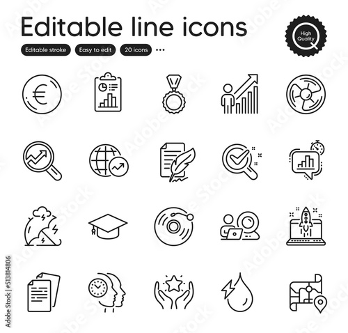 Set of Education outline icons. Contains icons as Time management, Graduation cap and Vinyl record elements. Hydroelectricity, Analytics, Feather signature web signs. Stress protection. Vector