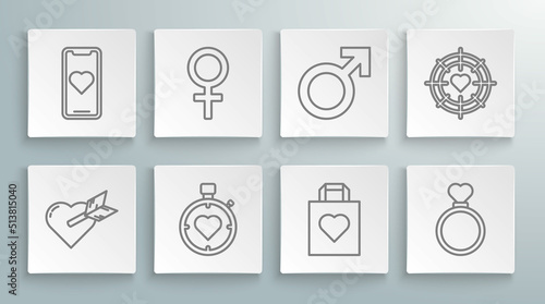 Set line Amour with heart and arrow, Female gender symbol, Heart in the center stopwatch, Shopping bag, Wedding rings, Male, of darts target aim and Mobile phone icon. Vector