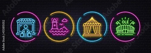 Circus tent, Lighthouse and Market buyer minimal line icons. Neon laser 3d lights. Sports arena icons. For web, application, printing. Attraction park, Navigation beacon, Store client. Vector