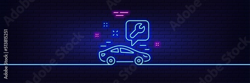 Neon light glow effect. Spanner tool line icon. Car repair service sign. Fix instruments symbol. 3d line neon glow icon. Brick wall banner. Car service outline. Vector