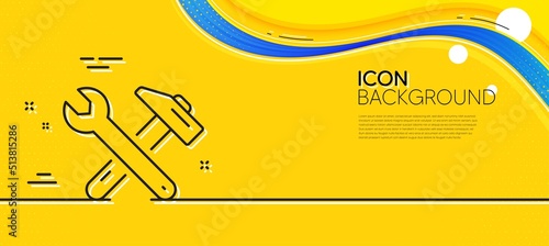Spanner and hammer line icon. Abstract yellow background. Repair service sign. Fix instruments symbol. Minimal spanner tool line icon. Wave banner concept. Vector