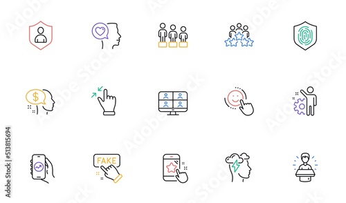 Star rating, Fake information and Security line icons for website, printing. Collection of Financial app, Brand ambassador, Pay icons. Smile, Fingerprint, Mindfulness stress web elements. Vector
