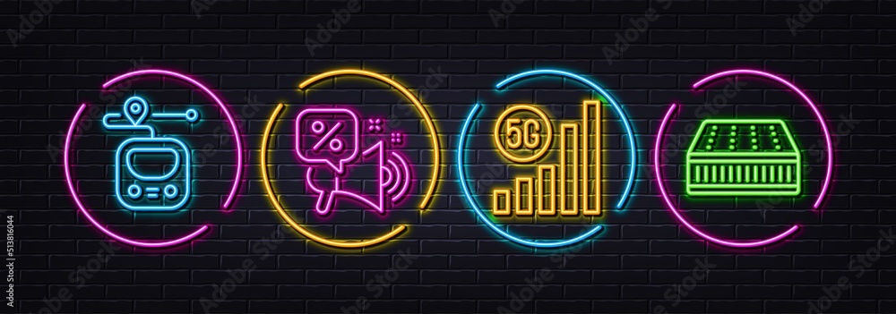 Discounts offer, 5g wifi and Metro minimal line icons. Neon laser 3d lights. Mattress icons. For web, application, printing. Megaphone promo, Wireless signal, Transit journey. Sleeping pad. Vector