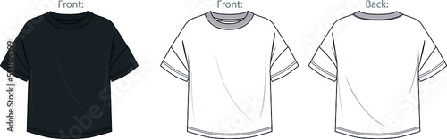 Vector fashion CAD t-shirt in black color, man short sleeved oversized shirt sketch, man crew neck rib top technical drawing, sketch, flat. Jersey male tee with front, back view, white color