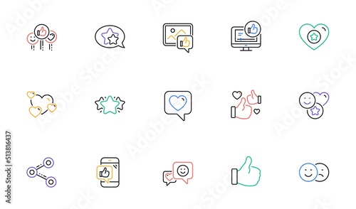 Social media line icons. Share network, Like thumbs up and Rating. Feedback smile linear icon set. Bicolor outline web elements. Vector