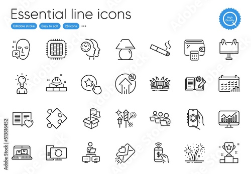 Cpu processor, Time management and Statistics line icons. Collection of Strategy, Security app, Loyalty star icons. Face declined, Work home, Loan percent web elements. Fireworks. Vector