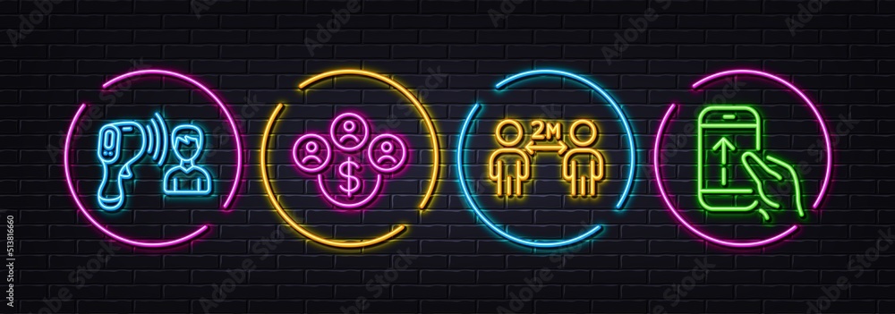 Social distancing, Electronic thermometer and Buying currency minimal line icons. Neon laser 3d lights. Swipe up icons. For web, application, printing. Vector Social distancing, Electronic thermometer and Buying currency minimal line icons. Neon laser 3d lights. Swipe up icons. For web, application, printing. Vector