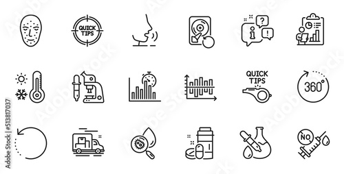Outline set of Water analysis, Chemistry experiment and Recovery data line icons for web application. Talk, information, delivery truck outline icon. Vector