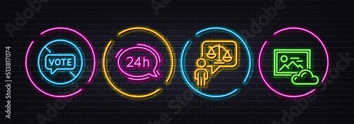 Lawyer, 24h service and Stop voting minimal line icons. Neon laser 3d lights. Photo cloud icons. For web, application, printing. Court judge, Call support, Do not vote. Image hub. Vector