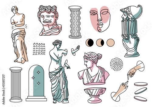 Greek ancient sculpture and surreal trippy set. Psychedelic outline modern statues and cosmic space elements in trendy weird style. Linear vector illustration.