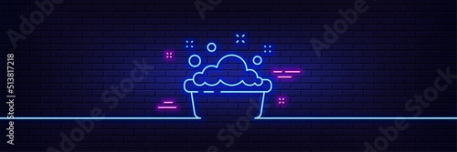 Neon light glow effect. Hand washing line icon. Laundry service sign. Clothing cleaner symbol. 3d line neon glow icon. Brick wall banner. Hand washing outline. Vector