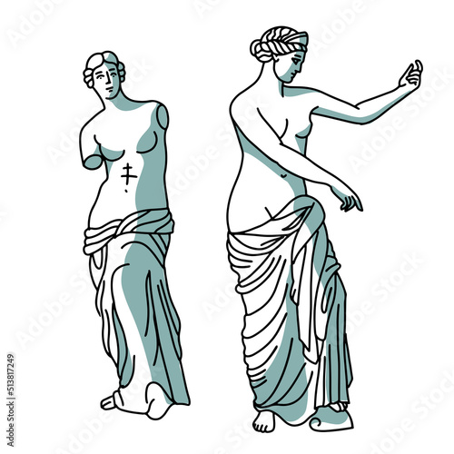Set of two Ancient Greek female sculptures, statue of godess. Vector linear illustration with shadows isolated on white background. Trendy style with shading and color
