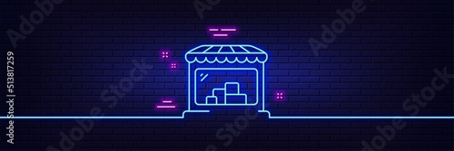 Neon light glow effect. Market line icon. Wholesale store sign. Retail marketplace symbol. 3d line neon glow icon. Brick wall banner. Market outline. Vector